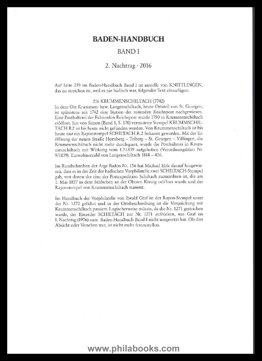 Graf, E., Handbook of Baden pre-philately 1700-1851, 1971, Po ...