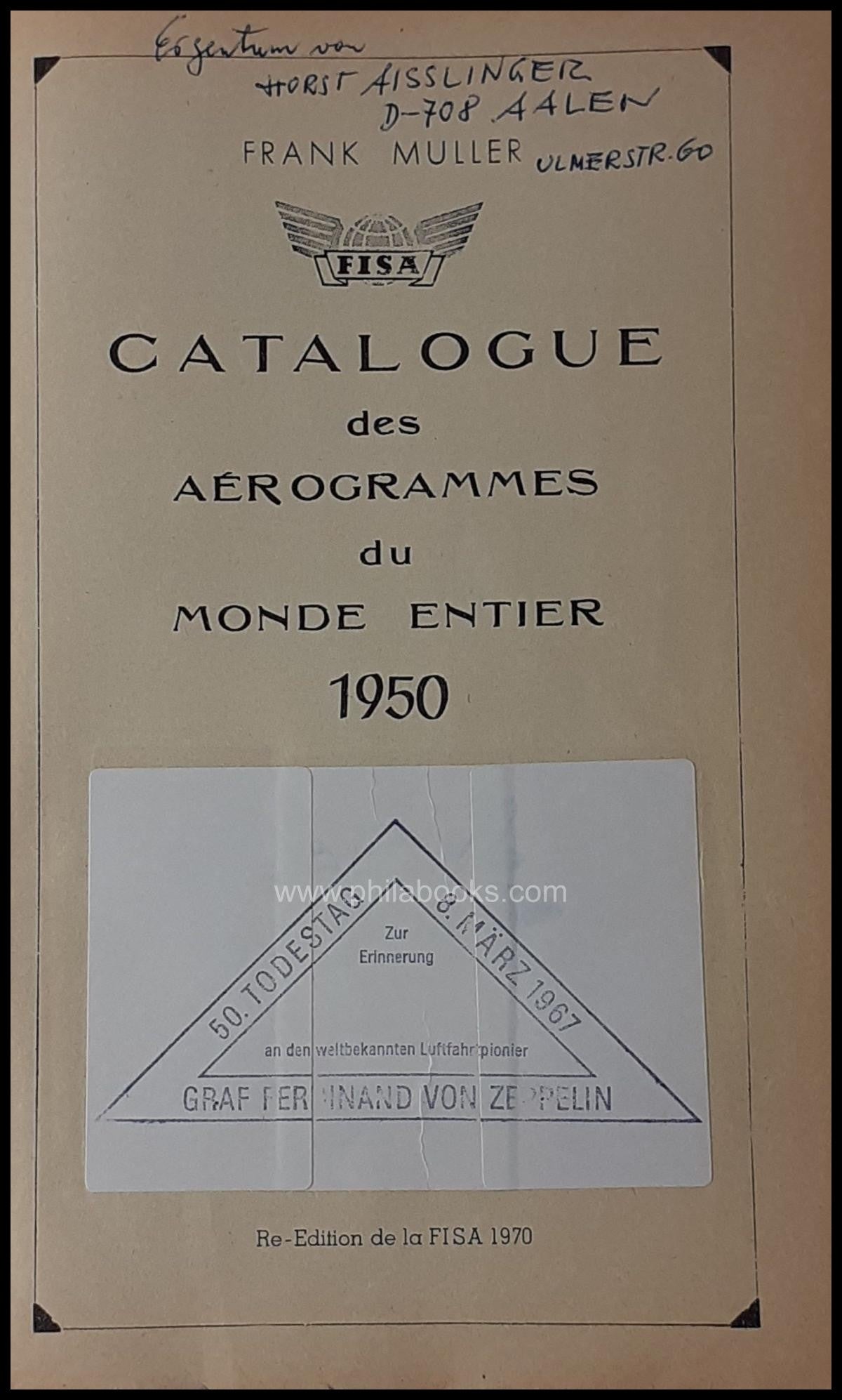 Muller, F., Catalog des Aérogrammes du Monde Entier 1950, here a ...