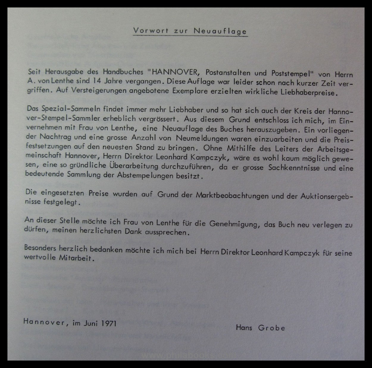 Lenthe, A. v., Hannover - Postanstalten und Poststempel, 1971, Kat ...