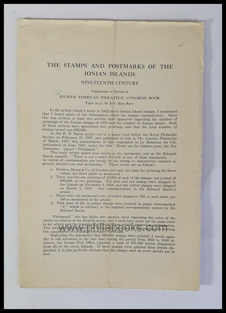 Hess Barr, Jere., The Stamps and Postmarks of the Ionian Islands, ...