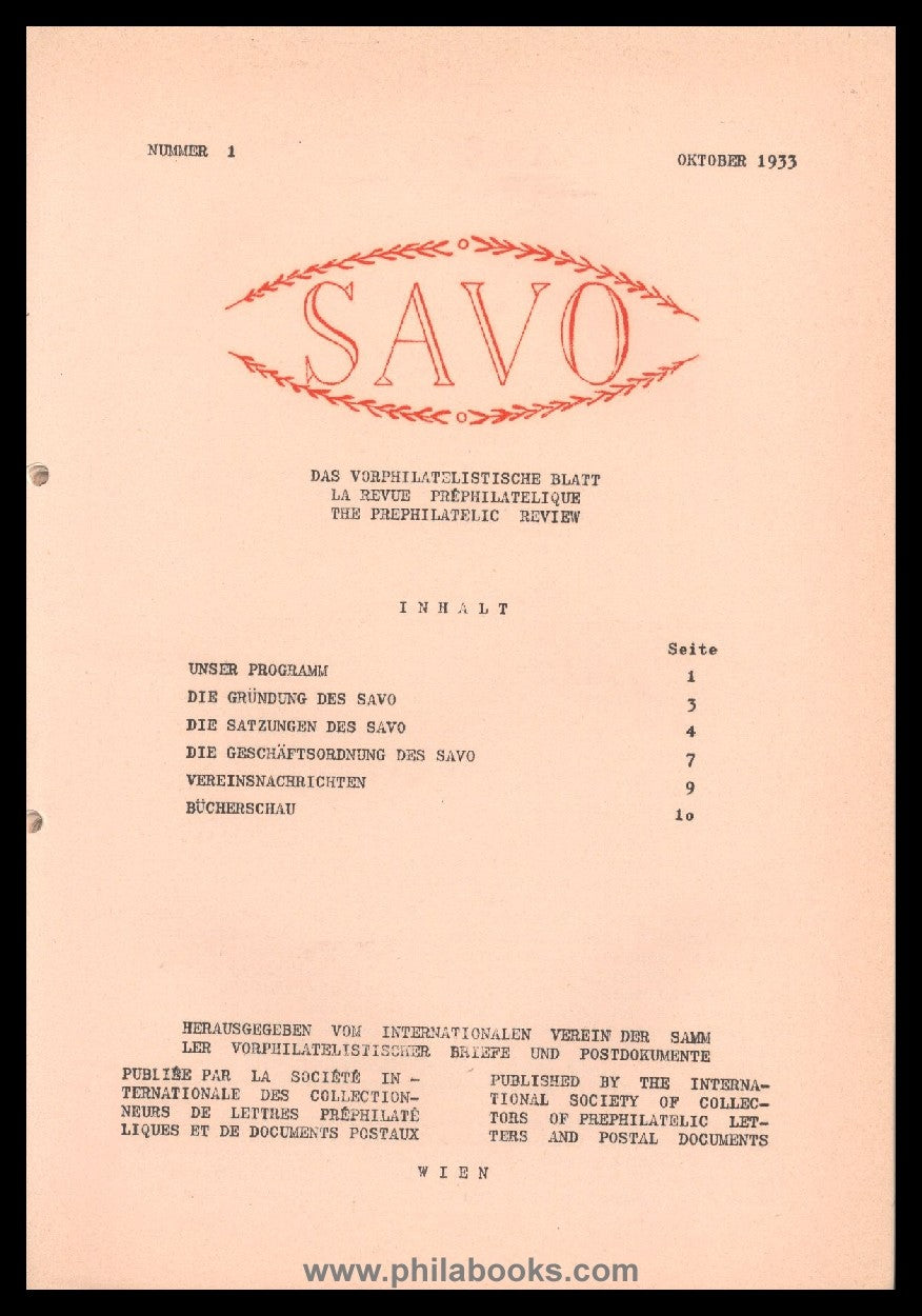 SAVO, Das vorphilatelistische Blatt 1933/1934, Schriftleiter Anton ...