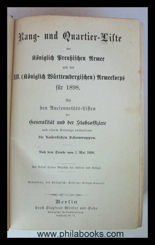 Rank and Quartering List of the Royal Prussian Army and the XI ...