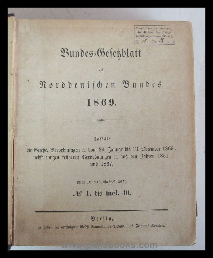 1867, 1869, 1870, Bundes-Gesetzblatt des Norddeutschen Bundes in 3 ...