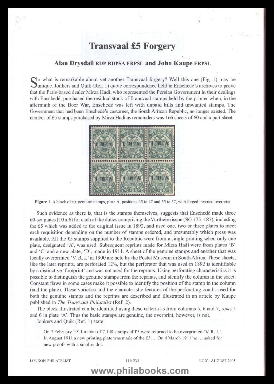 Drysdall, A., Kaupe, J., Transvaal 5 Forgery, Peters, R., Morocco ...