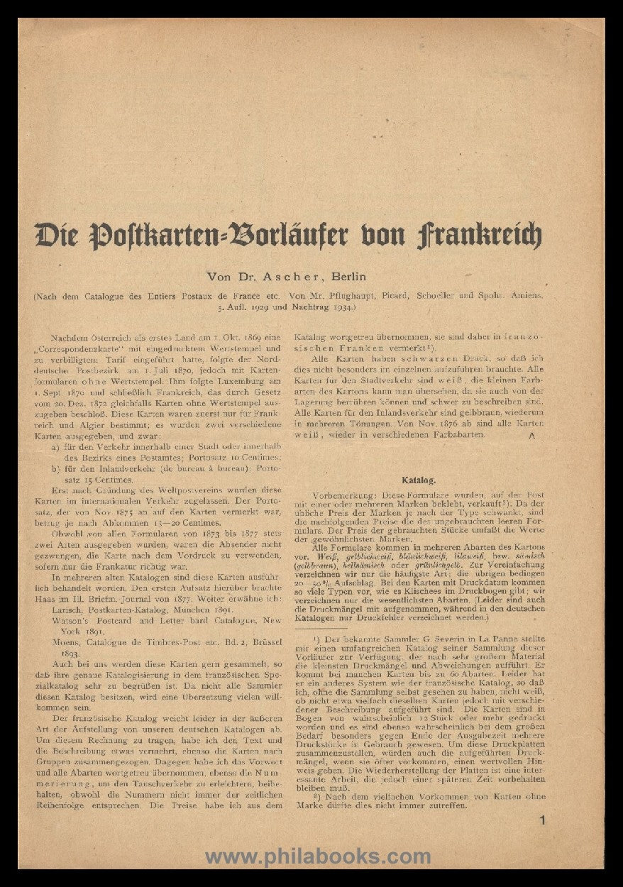 Ascher, Dr., Die Postkarten-Vorläufer von Frankreich, Berichtigte ...