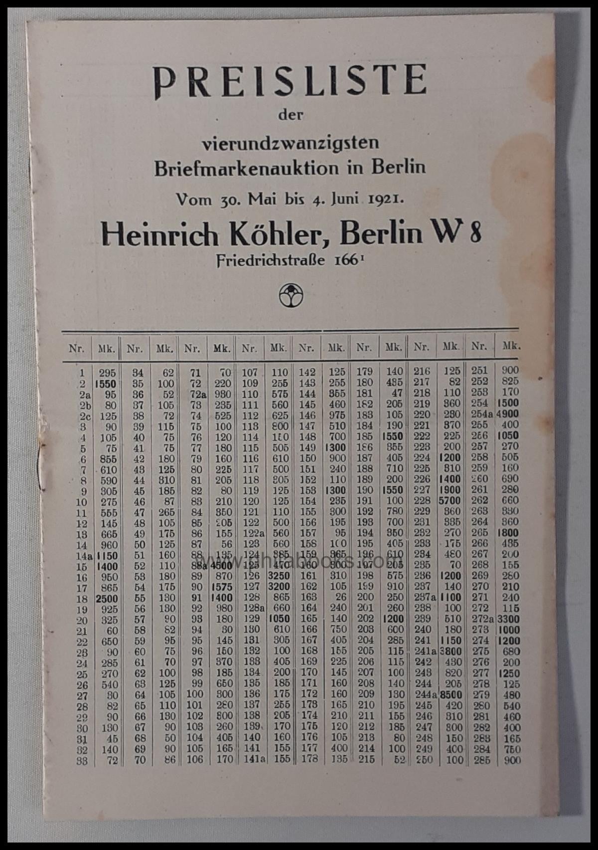 Heinrich Köhler, Auction 024, 1921-05