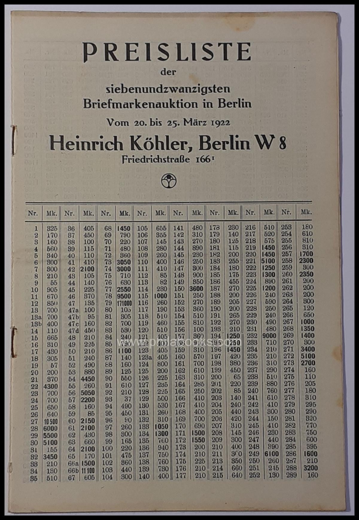 Heinrich Köhler, Auction 027, 1922-03