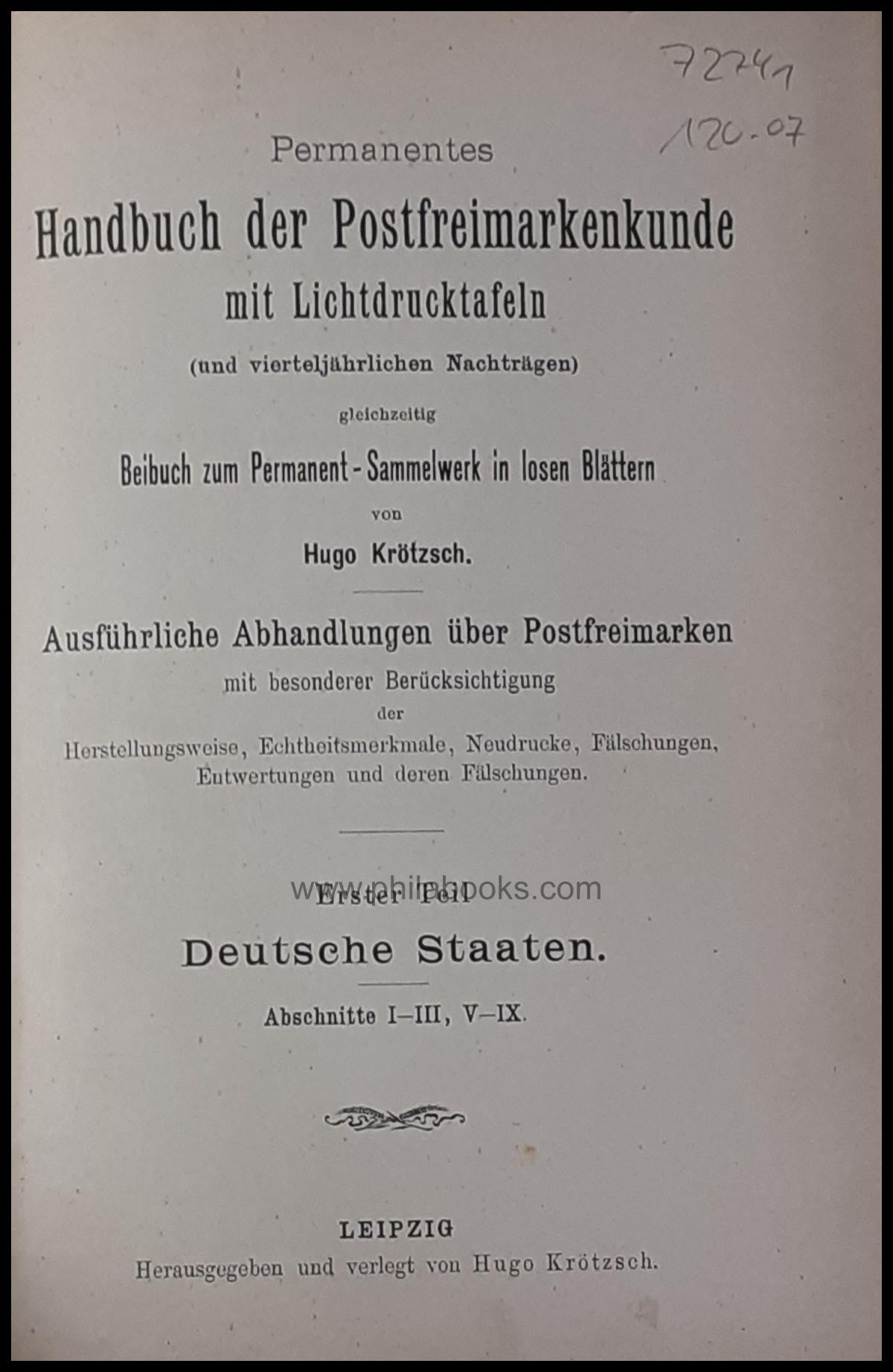 Krötzsch Handbook of Postal Stamps, Sections I-III, V- ...