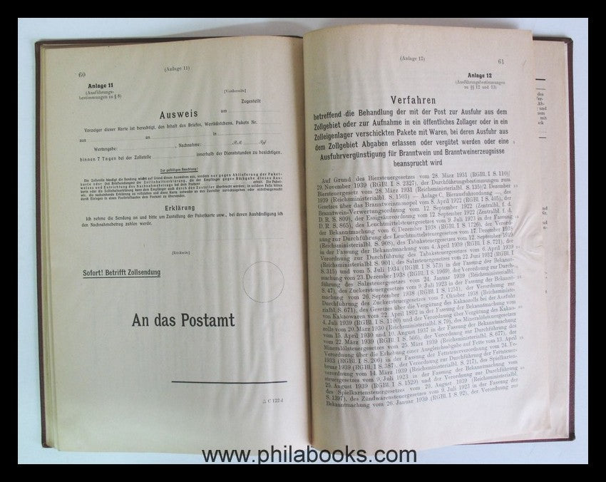1941, Post - Zollordnung vom 31. Januar 1940 nebst Ausführungsbest ...