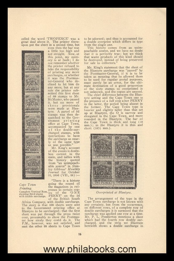 Melville, F. J., The Postage Stamps of British Central Africa, o.J ...