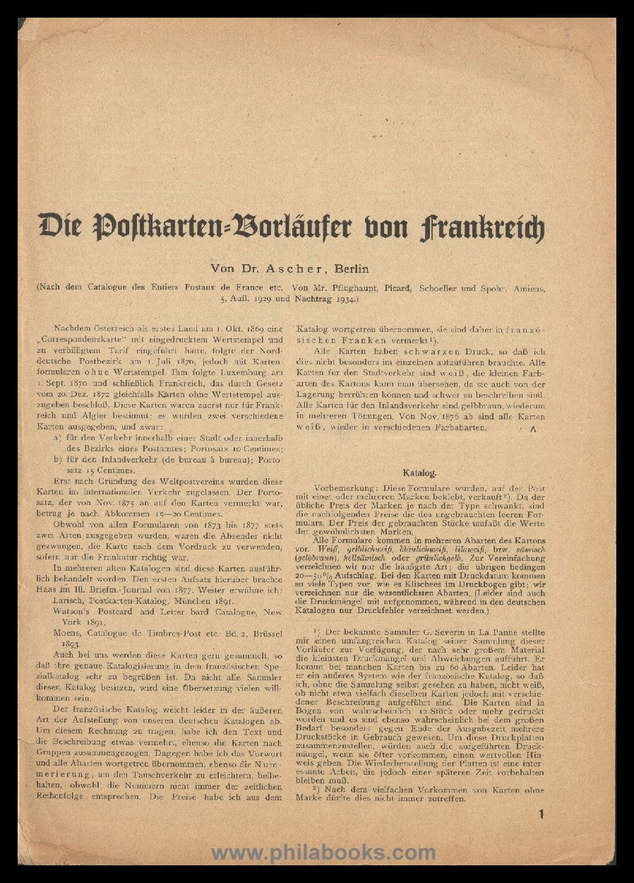 Ascher, Dr., Die Postkarten-Vorläufer von Frankreich, Berichtigte  ...