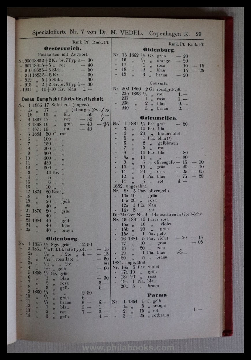 Dr. M. Vedel, Copenhagen, Briefmarkenkatalog, hier die „Specialoff ...
