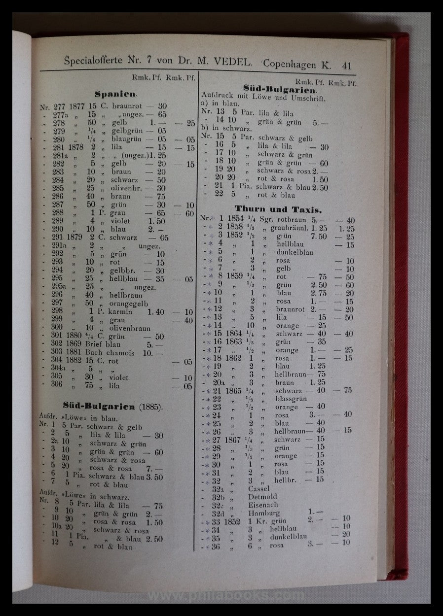 Dr. M. Vedel, Copenhagen, Briefmarkenkatalog, hier die „Specialoff ...